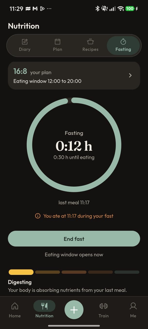 Fasting timer with eating window and live phase