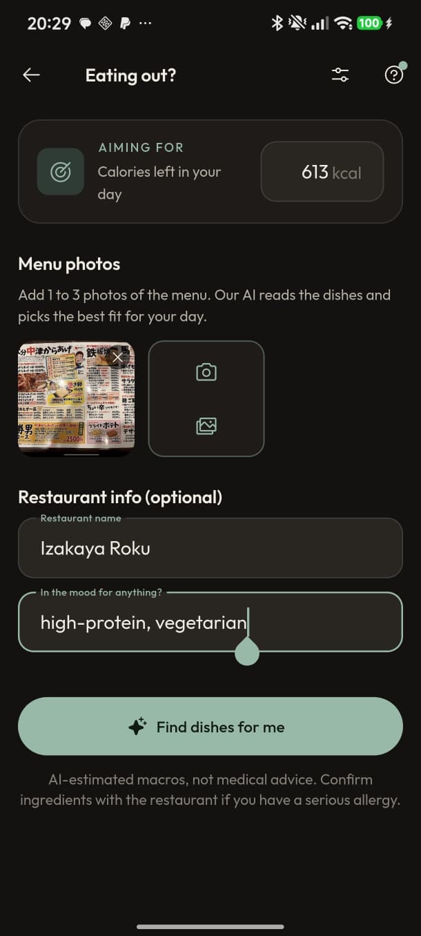Eating out screen with a menu photo added and a Find dishes button
